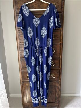 LuLaRoe Navy Blue Patterned Boho Jumpsuit, Size M